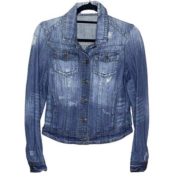 Pistola Women's Blue Long Sleeve Distressed Button-Front Denim Jacket Size Small - Picture 1 of 5
